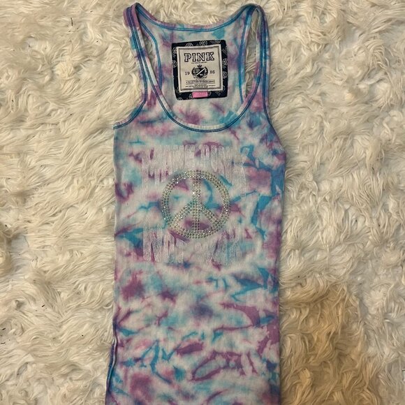 Y2K PINK "Make Pink Not War" Peace Tank Top Tie Dye Small Victoria's Secret - Picture 2 of 5